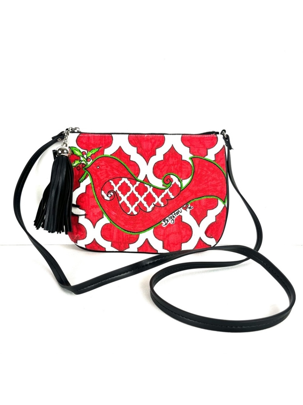 Brighton Red Patterned Crossbody Bag with Black Strap-EUC - Picture 3 of 6